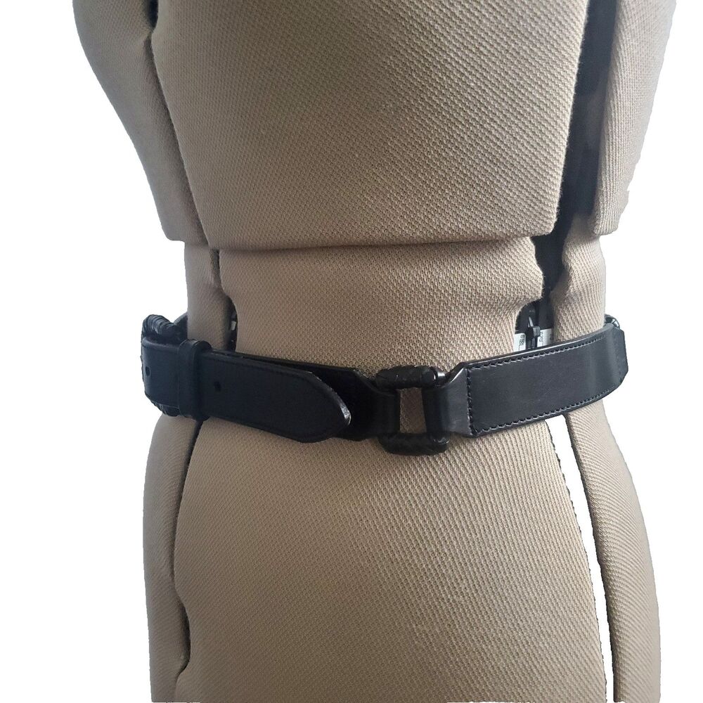 Vintage Fossil Black Leather Belt Medium Interlocking Ring Y2K Waist Belt - Picture 4 of 16